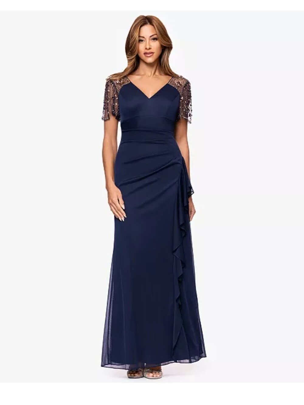 Xscape Navy Beaded Sleeve Cocktail Dress Women's Size 10 NWT Formal Party